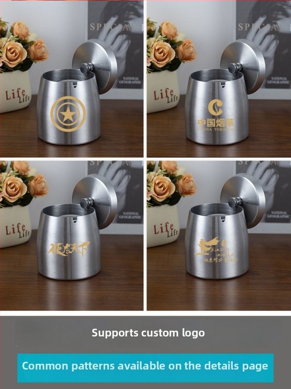 Scrumieră din oțel inoxidabil cu capac, gravură pe suprafață, rezistent la vânt, pentru casă și birou