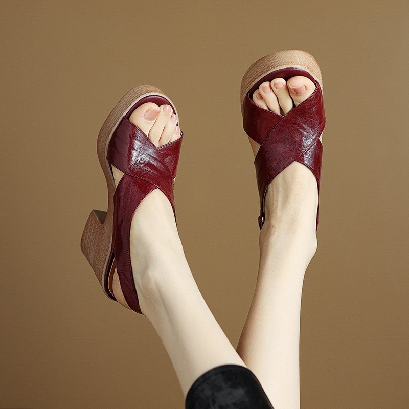 Sandale pentru femei cu talpă groasă și deget deschis, stil coreean, partea superioară PU, căptușeală PU, vârf rotund, talpă din cauciuc