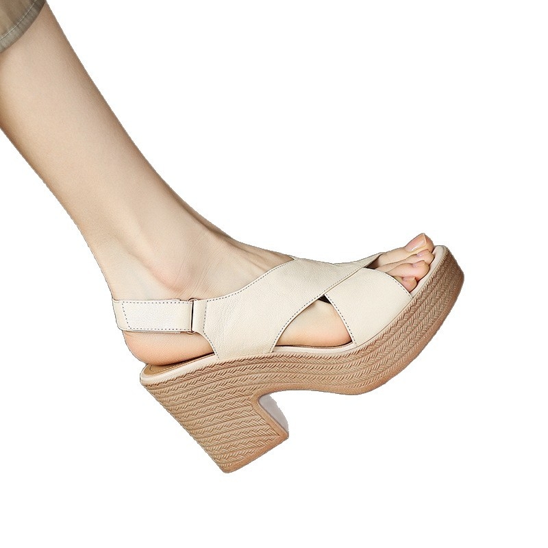 Sandale pentru femei cu talpă groasă și deget deschis, stil coreean, partea superioară PU, căptușeală PU, vârf rotund, talpă din cauciuc