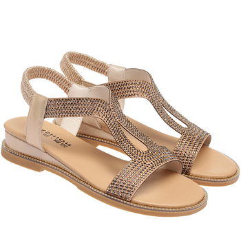 Női szandál marhaín talppal, keresztezett pántok, alacsony sarok, rugalmas pánt, mikroszálas bélés