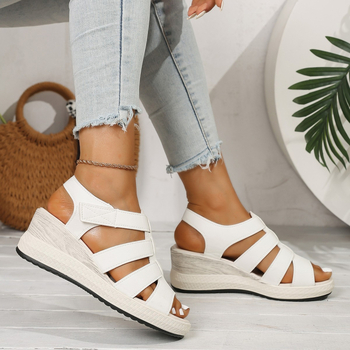 Sandale romane cu toc tip wedges, partea superioară PU, vârf rotund, închidere Velcro