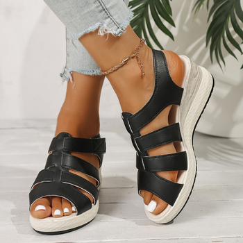 Sandale romane cu toc tip wedges, partea superioară PU, vârf rotund, închidere Velcro