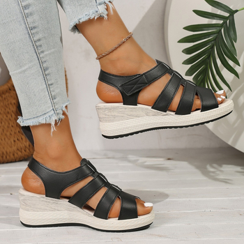 Sandale romane cu toc tip wedges, partea superioară PU, vârf rotund, închidere Velcro