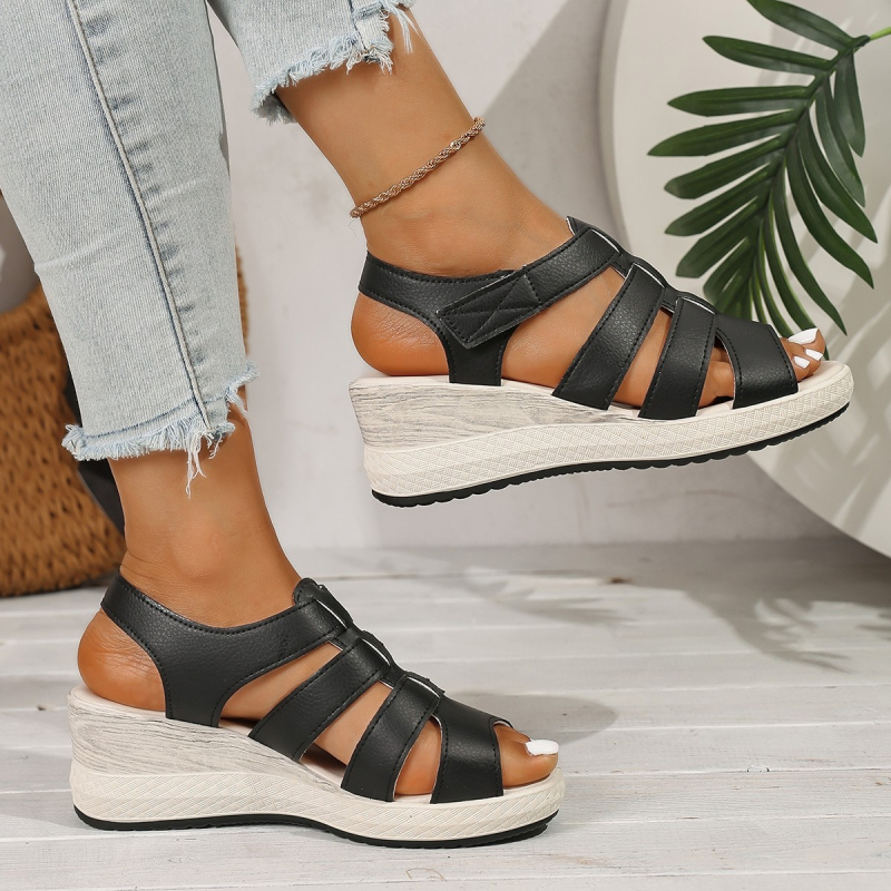 Sandale romane cu toc tip wedges, partea superioară PU, vârf rotund, închidere Velcro
