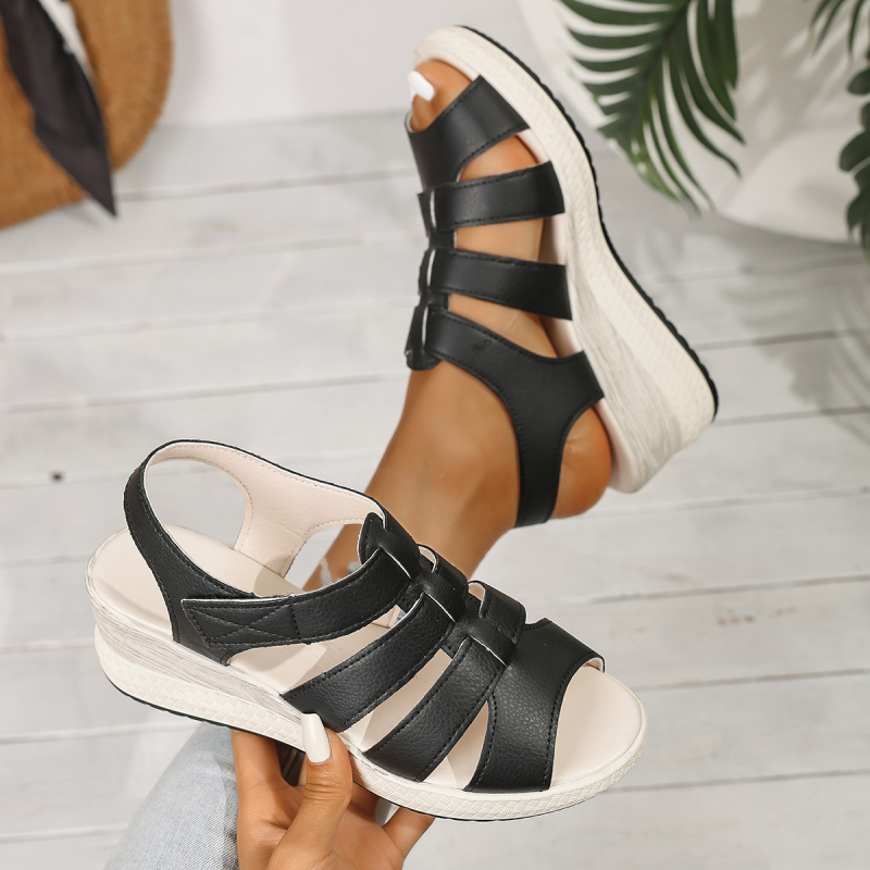 Sandale romane cu toc tip wedges, partea superioară PU, vârf rotund, închidere Velcro
