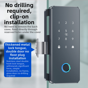 Încuietoare inteligentă pentru ușă de sticlă cu amprentă și parolă, fără găurire, deblocare la distanță – stocare 50 de amprente, peste 100000 de deblocări, alimentare DC