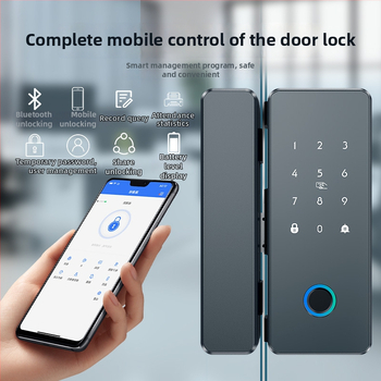 Încuietoare inteligentă pentru ușă de sticlă cu amprentă și parolă, fără găurire, deblocare la distanță – stocare 50 de amprente, peste 100000 de deblocări, alimentare DC