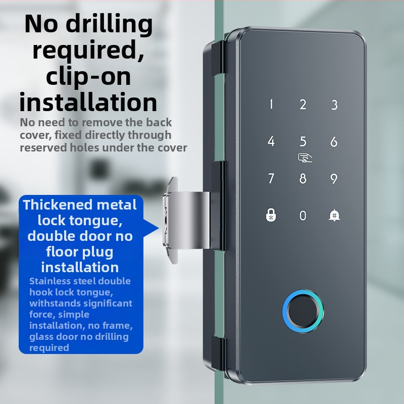 Încuietoare inteligentă pentru ușă de sticlă cu amprentă și parolă, fără găurire, deblocare la distanță – stocare 50 de amprente, peste 100000 de deblocări, alimentare DC