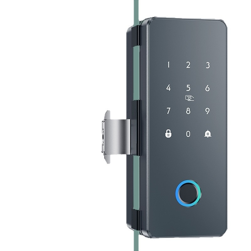 Încuietoare inteligentă pentru ușă de sticlă cu amprentă și parolă, fără găurire, deblocare la distanță – stocare 50 de amprente, peste 100000 de deblocări, alimentare DC