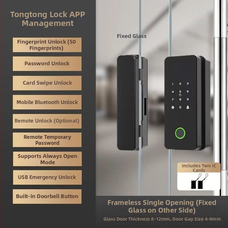 Încuietoare inteligentă pentru ușă de sticlă cu amprentă și parolă, fără găurire, deblocare la distanță – stocare 50 de amprente, peste 100000 de deblocări, alimentare DC