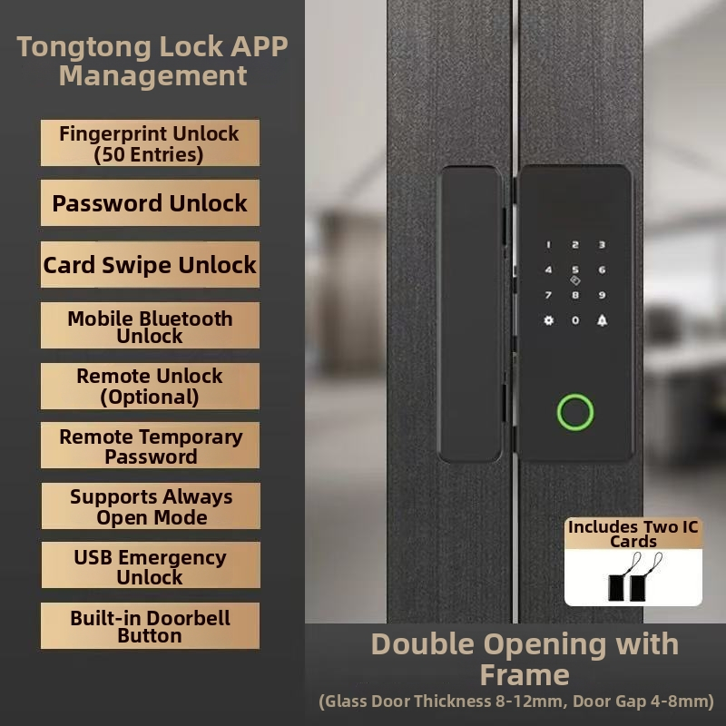 Încuietoare inteligentă pentru ușă de sticlă cu amprentă și parolă, fără găurire, deblocare la distanță – stocare 50 de amprente, peste 100000 de deblocări, alimentare DC