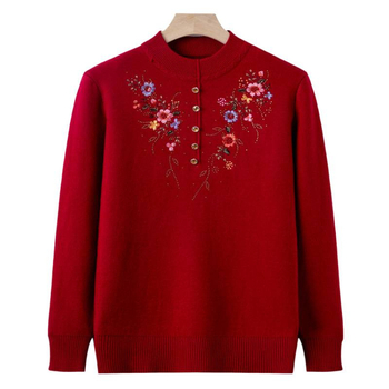 Дамски пуловер за есен-зима с бродирани флорални мотиви, велурено плетиво, полиестер 80-90%, кръгла яка, дълги ръкави, свободна кройка