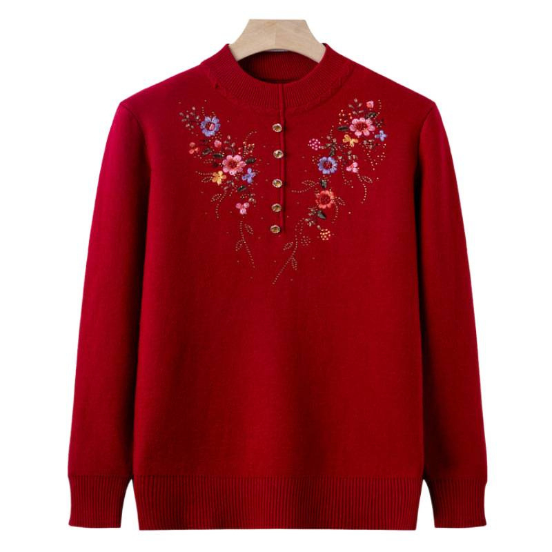 Дамски пуловер за есен-зима с бродирани флорални мотиви, велурено плетиво, полиестер 80-90%, кръгла яка, дълги ръкави, свободна кройка