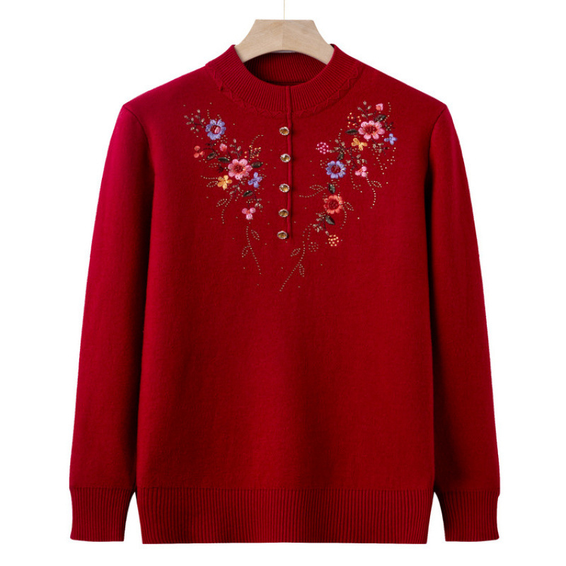 Дамски пуловер за есен-зима с бродирани флорални мотиви, велурено плетиво, полиестер 80-90%, кръгла яка, дълги ръкави, свободна кройка