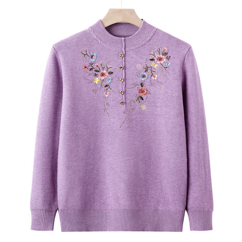 Дамски пуловер за есен-зима с бродирани флорални мотиви, велурено плетиво, полиестер 80-90%, кръгла яка, дълги ръкави, свободна кройка
