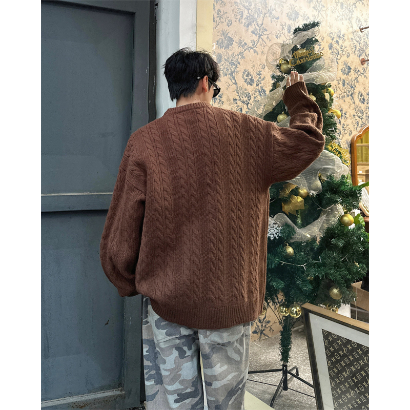 Muški pulover, korejski stil, slobodan kroj, okrugli izrez, Deer plush pamukni pleteni (70%)