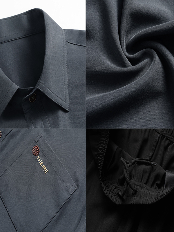 Риза с тесен силует, къс ръкав, яка тип лафел, полиестерна тъкан, едноцветен модел