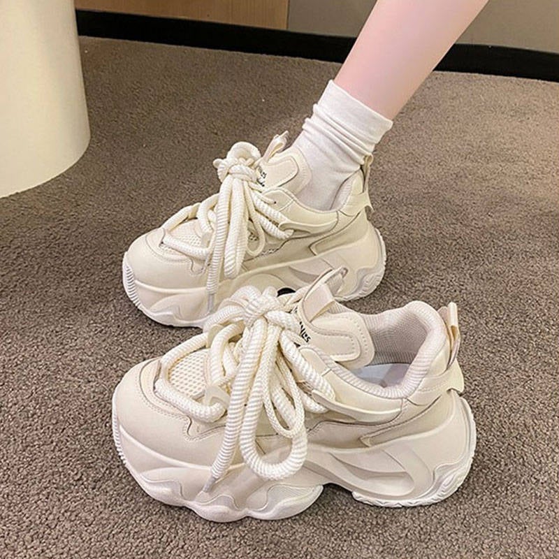 Ženske tenisice dad shoes s debelim potplatom, visina 3–5 cm, gornji dio PU+mreža, prednje vezanje, gumeni potplat, pogodno za proljeće, ljeto, jesen