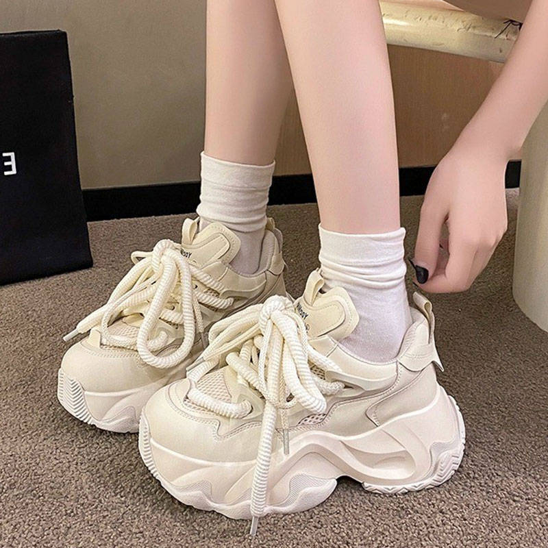 Ženske tenisice dad shoes s debelim potplatom, visina 3–5 cm, gornji dio PU+mreža, prednje vezanje, gumeni potplat, pogodno za proljeće, ljeto, jesen