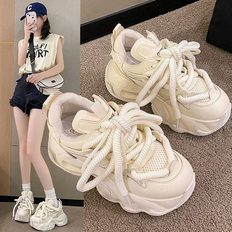 Ženske tenisice dad shoes s debelim potplatom, visina 3–5 cm, gornji dio PU+mreža, prednje vezanje, gumeni potplat, pogodno za proljeće, ljeto, jesen