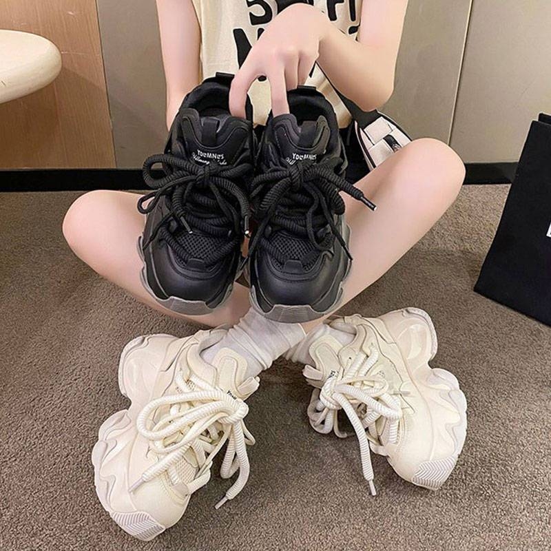 Ženske tenisice dad shoes s debelim potplatom, visina 3–5 cm, gornji dio PU+mreža, prednje vezanje, gumeni potplat, pogodno za proljeće, ljeto, jesen
