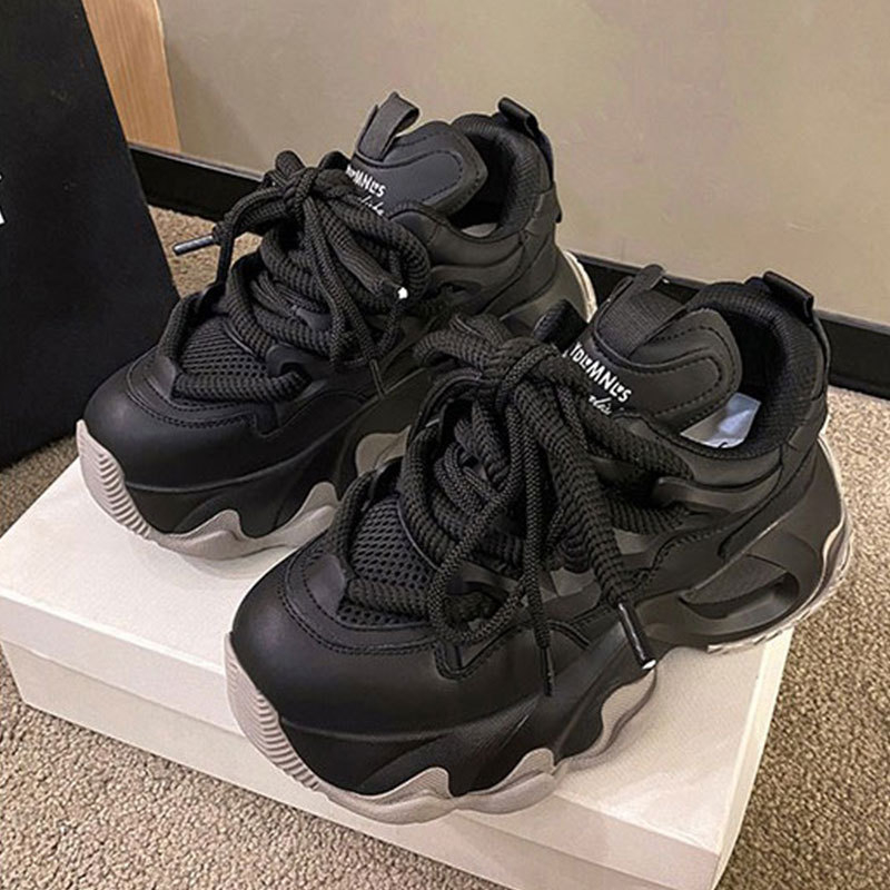 Ženske tenisice dad shoes s debelim potplatom, visina 3–5 cm, gornji dio PU+mreža, prednje vezanje, gumeni potplat, pogodno za proljeće, ljeto, jesen