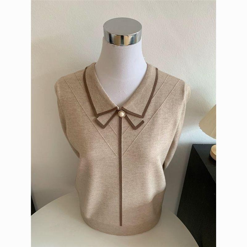 Pleten pulover od ovčje vunene s polo ovratnikom, bez rukava, Lolita stil s ramenskim trakom, mješavina ice silk i polipropilena