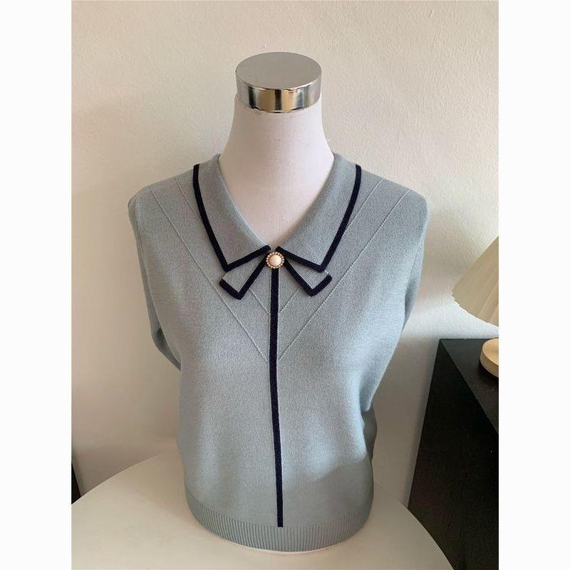 Pleten pulover od ovčje vunene s polo ovratnikom, bez rukava, Lolita stil s ramenskim trakom, mješavina ice silk i polipropilena