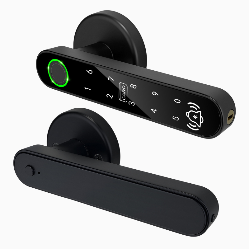 Умна заключалка за дървени врати с биометричен отпечатък и електронна парола, Bluetooth дистанционно отключване; съхранение на 200 отпечатъка; DC захранване; 1:1 верификация; монтаж без пробиване; подходяща за спалня, дървени и алуминиеви врати