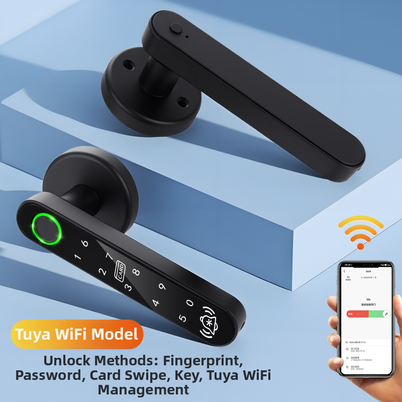 Inteligentný zámok na dvere s odtlačkom prsta pre drevené dvere, elektronický kód a Bluetooth diaľkové ovládanie; uloženie odtlačkov: 200; napájanie DC; 1:1 overenie; montáž bez vŕtania; vhodné pre spálne, drevené a hliníkové rámované dvere