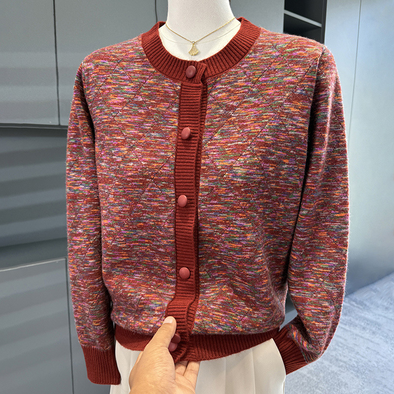 Ženski pleteni kardigan za jesen 2025, okrugli izrez, jednostruko kopčanje, uski kroj