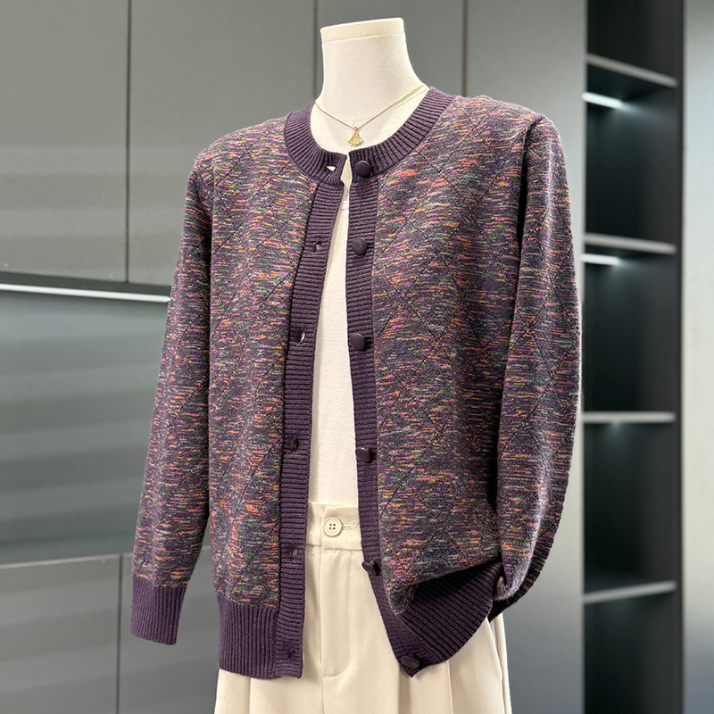 Ženski pleteni kardigan za jesen 2025, okrugli izrez, jednostruko kopčanje, uski kroj