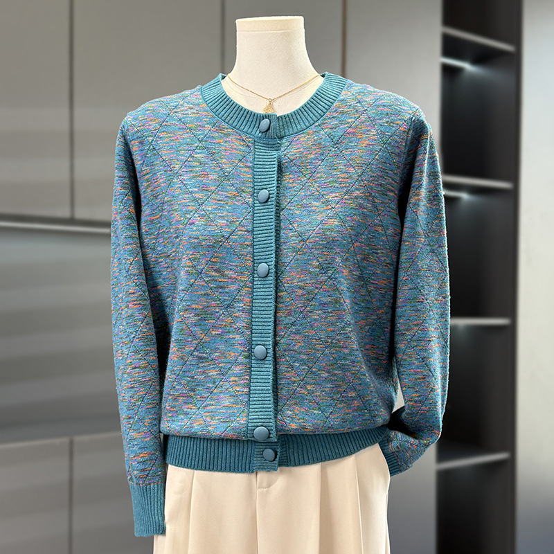 Ženski pleteni kardigan za jesen 2025, okrugli izrez, jednostruko kopčanje, uski kroj