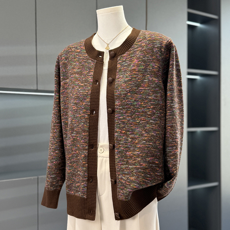 Ženski pleteni kardigan za jesen 2025, okrugli izrez, jednostruko kopčanje, uski kroj