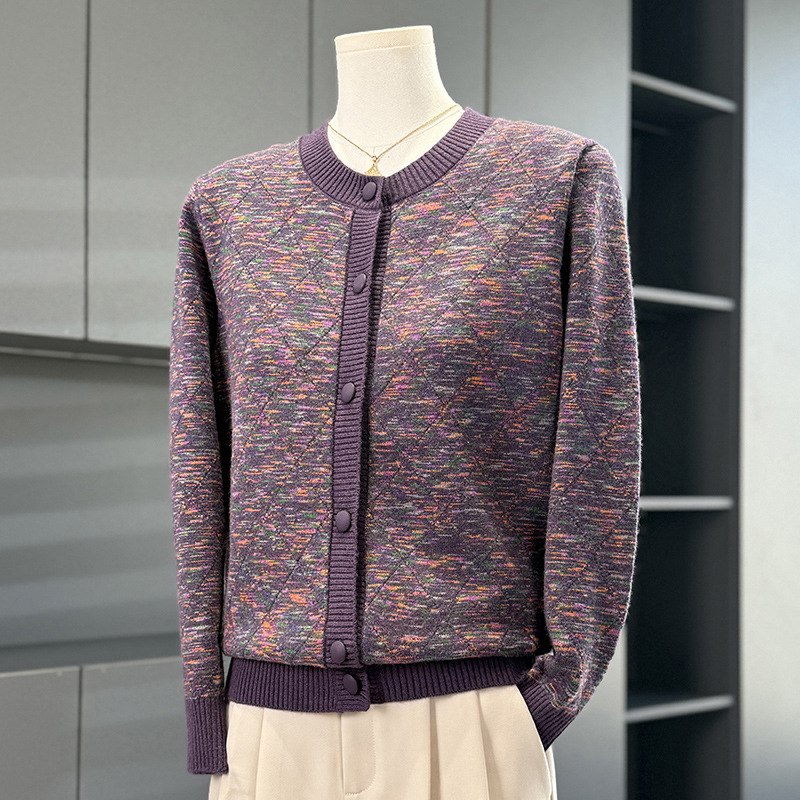 Ženski pleteni kardigan za jesen 2025, okrugli izrez, jednostruko kopčanje, uski kroj