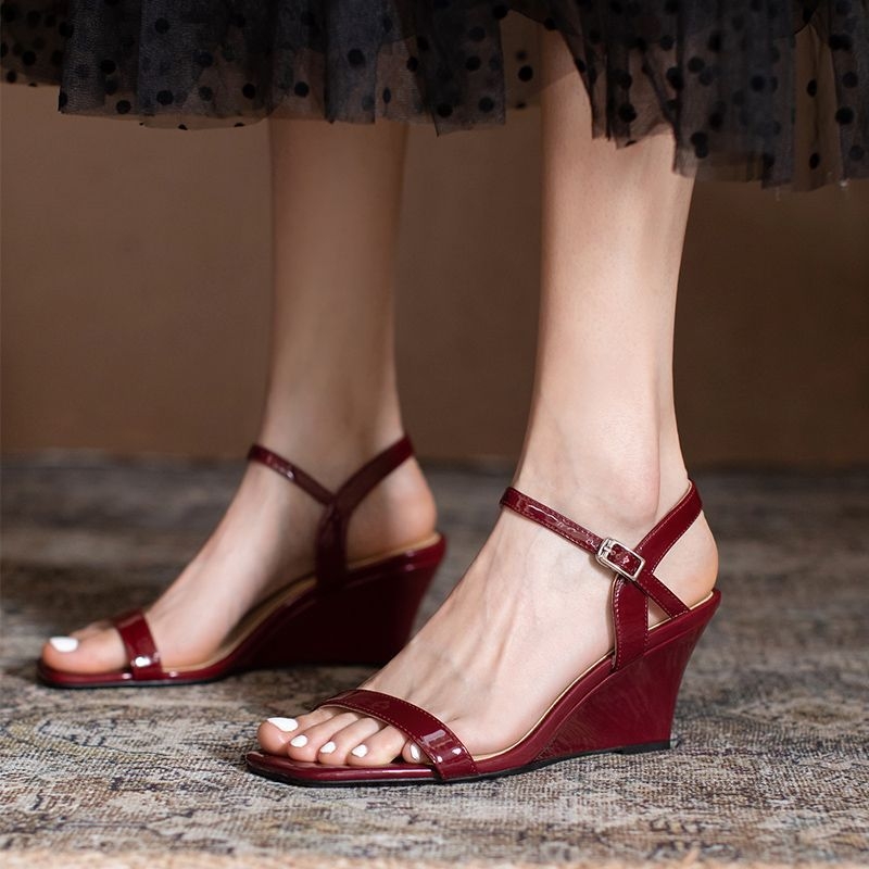 Σανδάλια με σφηνοειδές τακούνι για γυναίκες με μικρό ύψος, επάνω συνθετικό δέρμα, τετράγωνη μύτη, λουρί, δυτικό στυλ, σόλα από καουτσούκ
