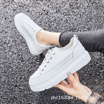 Pantofi sport femei cu talpă groasă, stil coreean, vârf rotund, partea superioară din piele, talpă PU, căptușeală PU + bumbac, toc mediu 3-5 cm