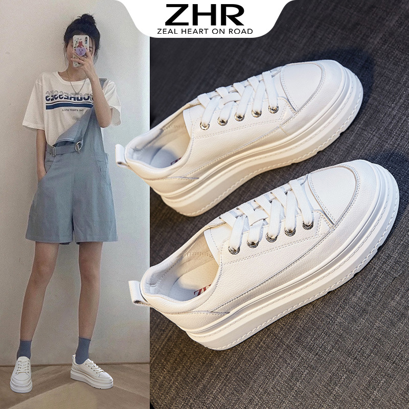 Pantofi sport femei cu talpă groasă, stil coreean, vârf rotund, partea superioară din piele, talpă PU, căptușeală PU + bumbac, toc mediu 3-5 cm