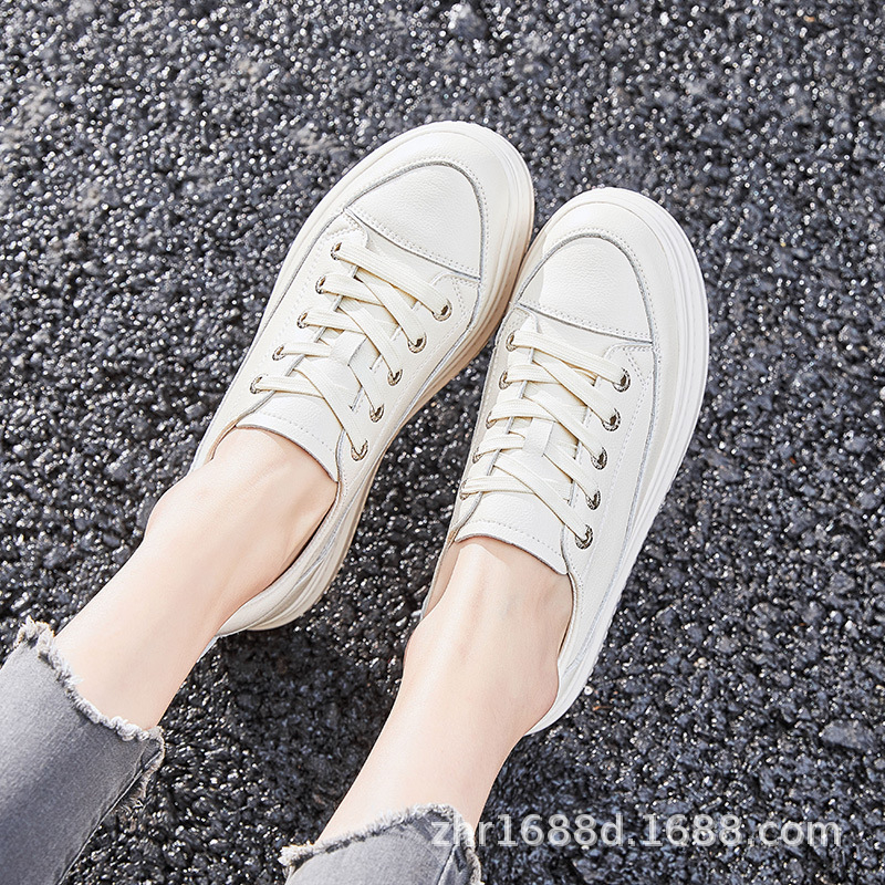 Pantofi sport femei cu talpă groasă, stil coreean, vârf rotund, partea superioară din piele, talpă PU, căptușeală PU + bumbac, toc mediu 3-5 cm