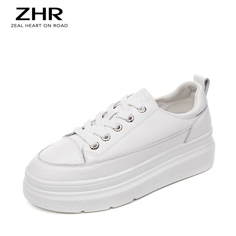 Pantofi sport femei cu talpă groasă, stil coreean, vârf rotund, partea superioară din piele, talpă PU, căptușeală PU + bumbac, toc mediu 3-5 cm