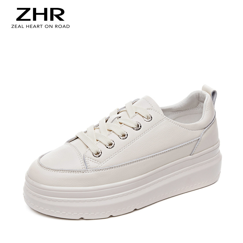 Pantofi sport femei cu talpă groasă, stil coreean, vârf rotund, partea superioară din piele, talpă PU, căptușeală PU + bumbac, toc mediu 3-5 cm