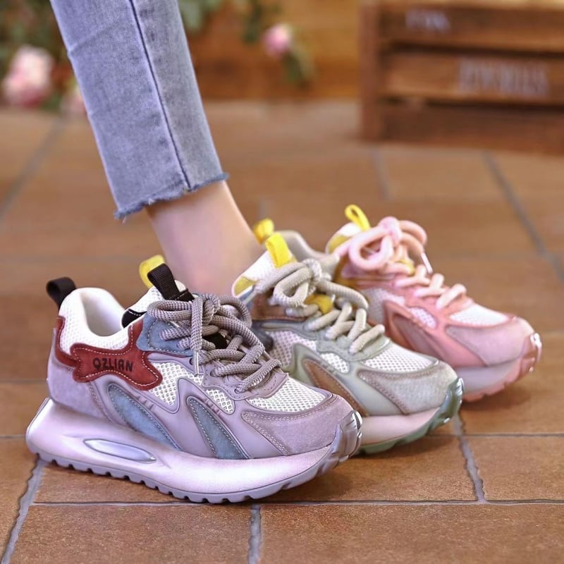 Ženske patike Dad sneakers s prozračnim mrežastim gornjim dijelom, 3–5 cm povećanje visine, okrugli vrh, vezanje, gumeni potplat