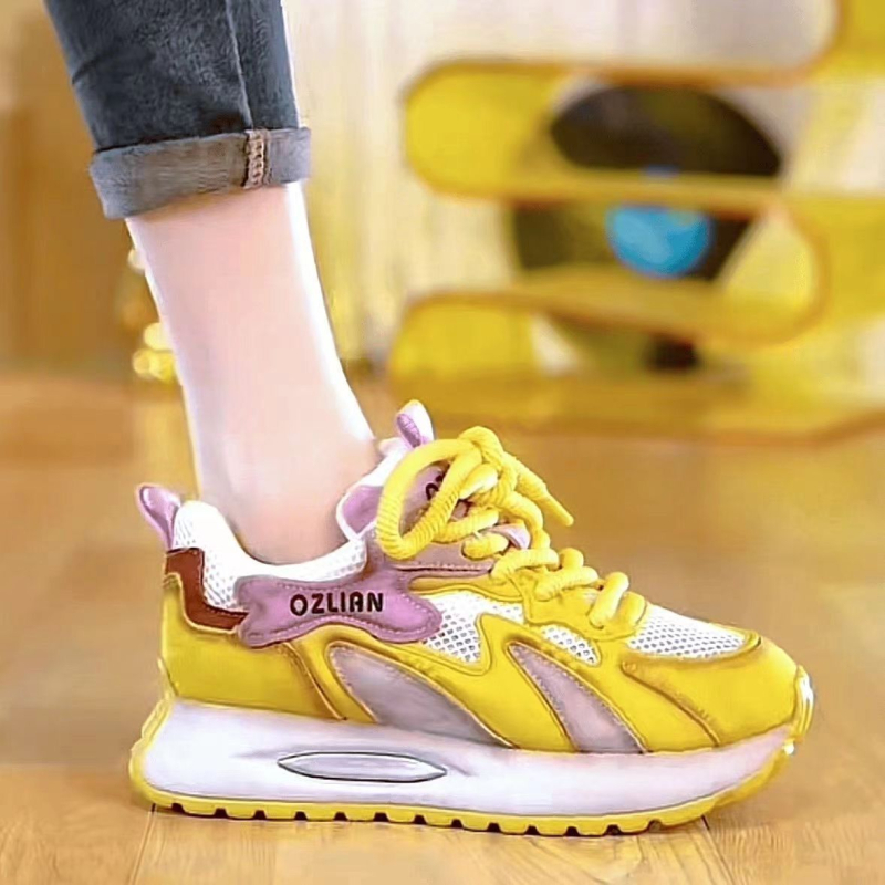 Ženske patike Dad sneakers s prozračnim mrežastim gornjim dijelom, 3–5 cm povećanje visine, okrugli vrh, vezanje, gumeni potplat