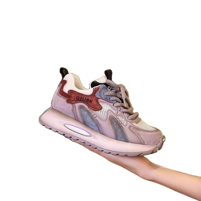 Ženske patike Dad sneakers s prozračnim mrežastim gornjim dijelom, 3–5 cm povećanje visine, okrugli vrh, vezanje, gumeni potplat