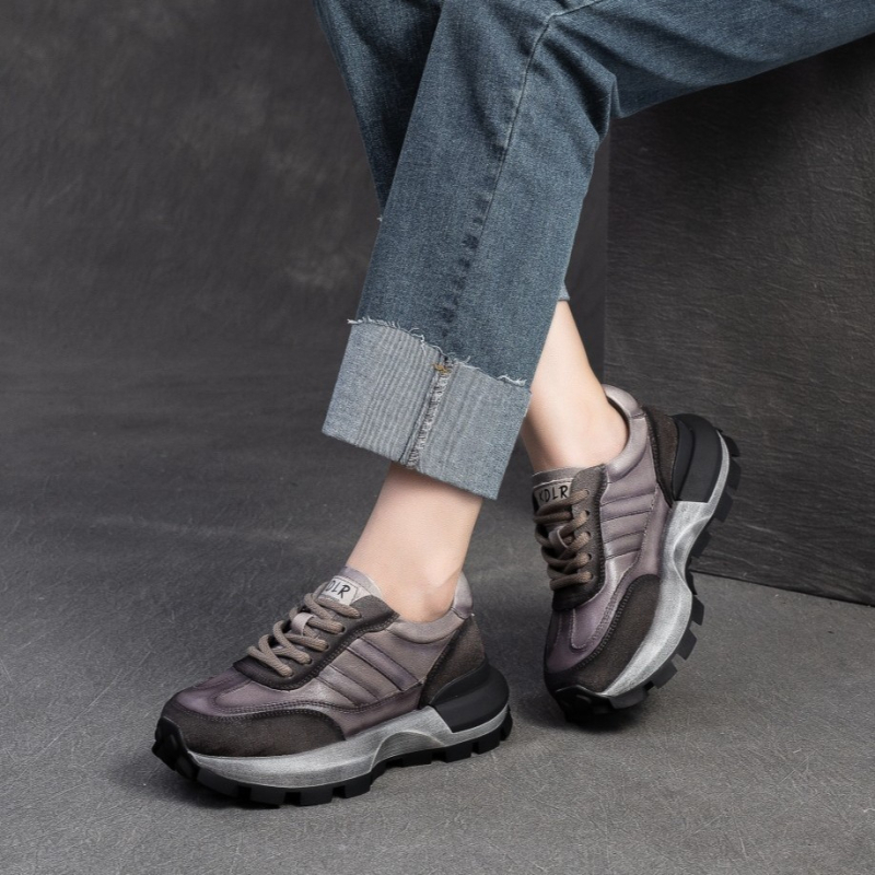 Pantofi Forrest Gump pentru femei – talpă groasă pentru creșterea înălțimii, partea superioară din piele de vită de nivel secund, talpă din spumă de cauciuc, branț din piele de porc