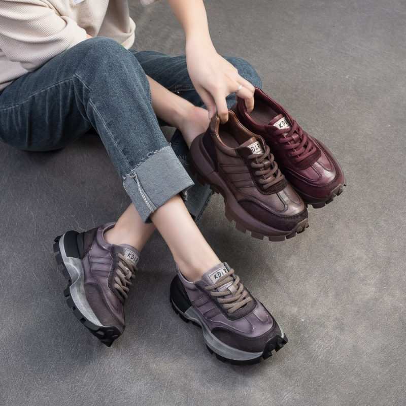 Pantofi Forrest Gump pentru femei – talpă groasă pentru creșterea înălțimii, partea superioară din piele de vită de nivel secund, talpă din spumă de cauciuc, branț din piele de porc