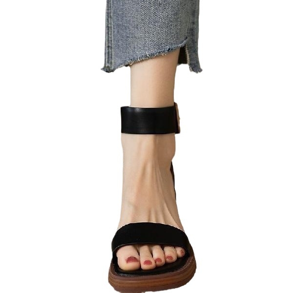 Γυναικείες ρωμαϊκές σανδάλες με ρετρό στυλ, πάνω μέρος από υπερ-ίνες, στρογγυλή μύτη, σόλα από καουτσούκ.