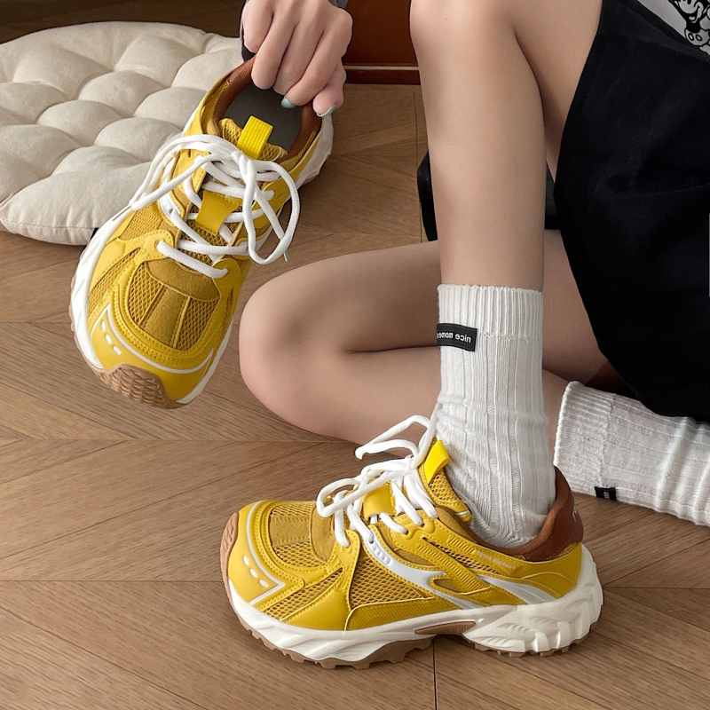 Pantofi sport din plasă pentru femei, cu parte superioară PU, închidere cu șiret în față, talpă din cauciuc, talpă groasă 3–5 cm, rezistenți la abraziune