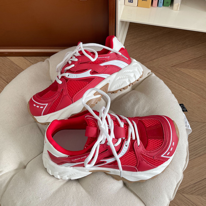 Pantofi sport din plasă pentru femei, cu parte superioară PU, închidere cu șiret în față, talpă din cauciuc, talpă groasă 3–5 cm, rezistenți la abraziune