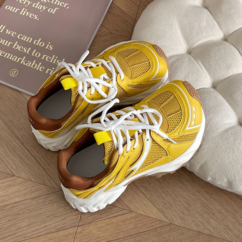 Pantofi sport din plasă pentru femei, cu parte superioară PU, închidere cu șiret în față, talpă din cauciuc, talpă groasă 3–5 cm, rezistenți la abraziune